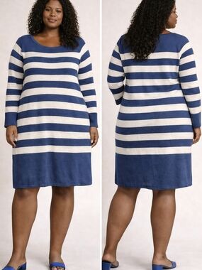 Jeffrey Banks Womens Plus 2X Sweater Dress Blue White Striped Knit 39 Length